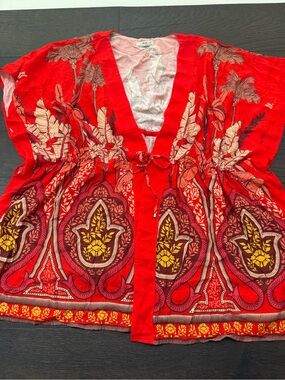 Maaji Red Printed V-Neck Beach Coverup with Yellow Accents